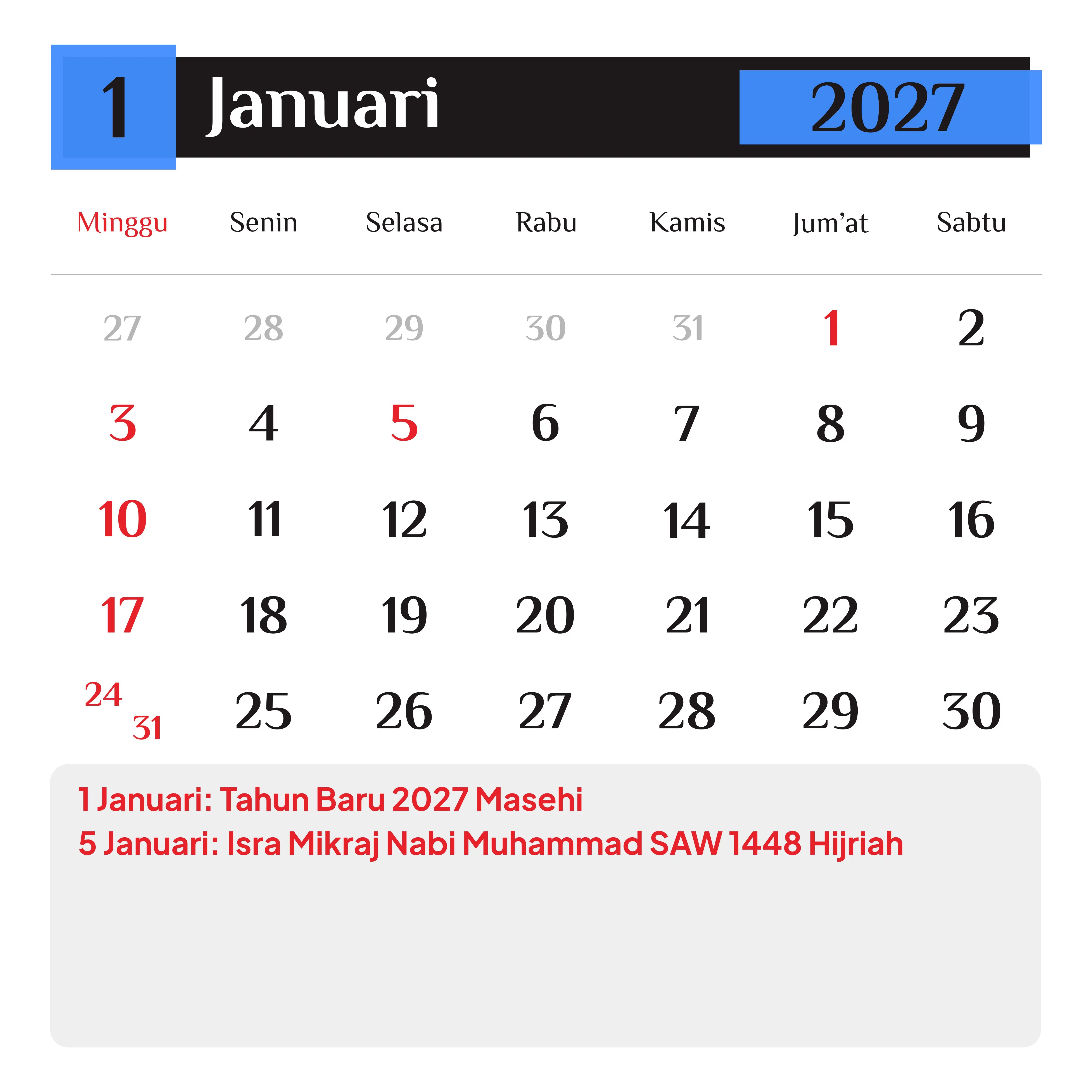 Preview Kalender Januari 2027