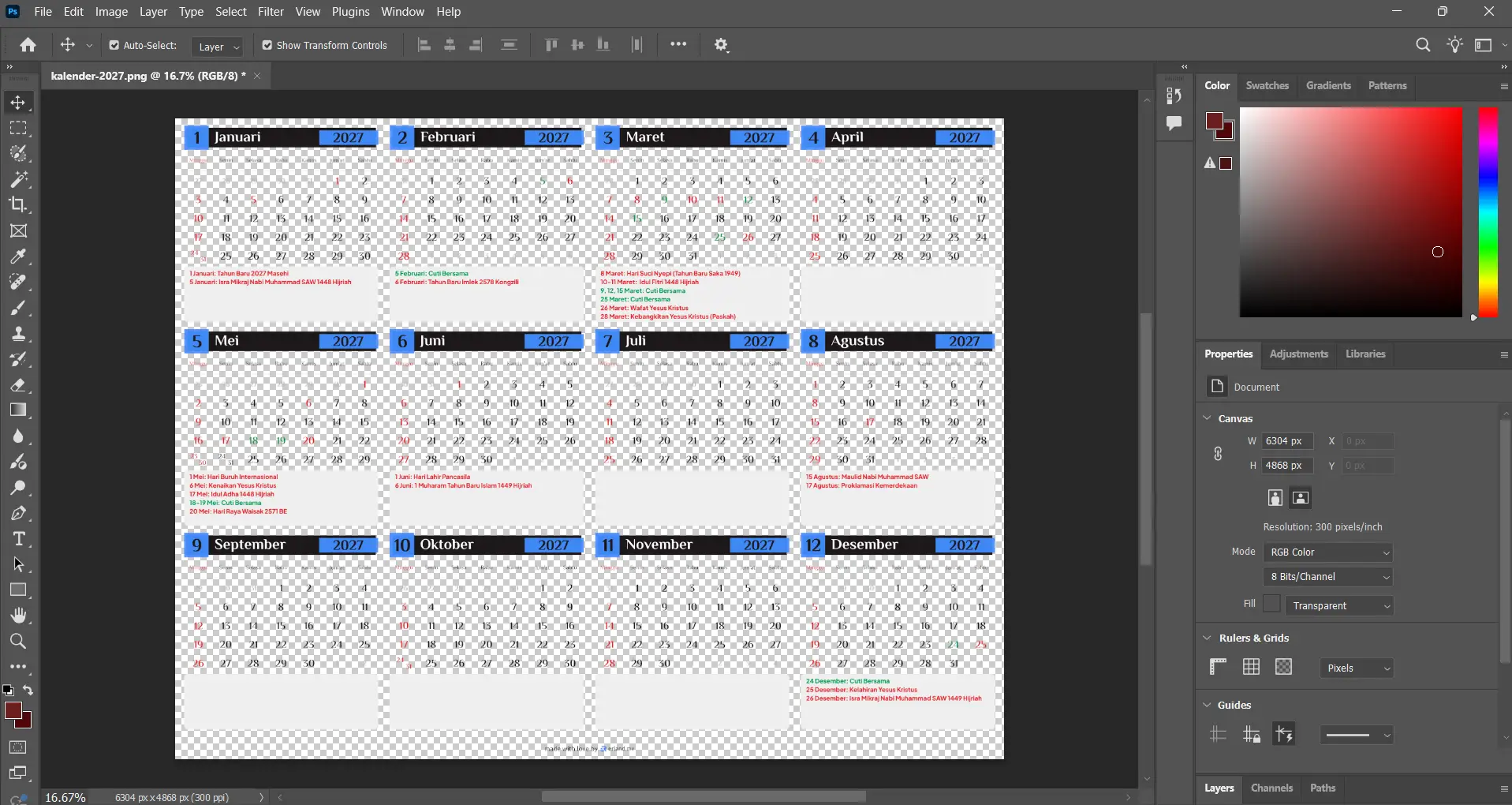 Template kalender 2027 PDF